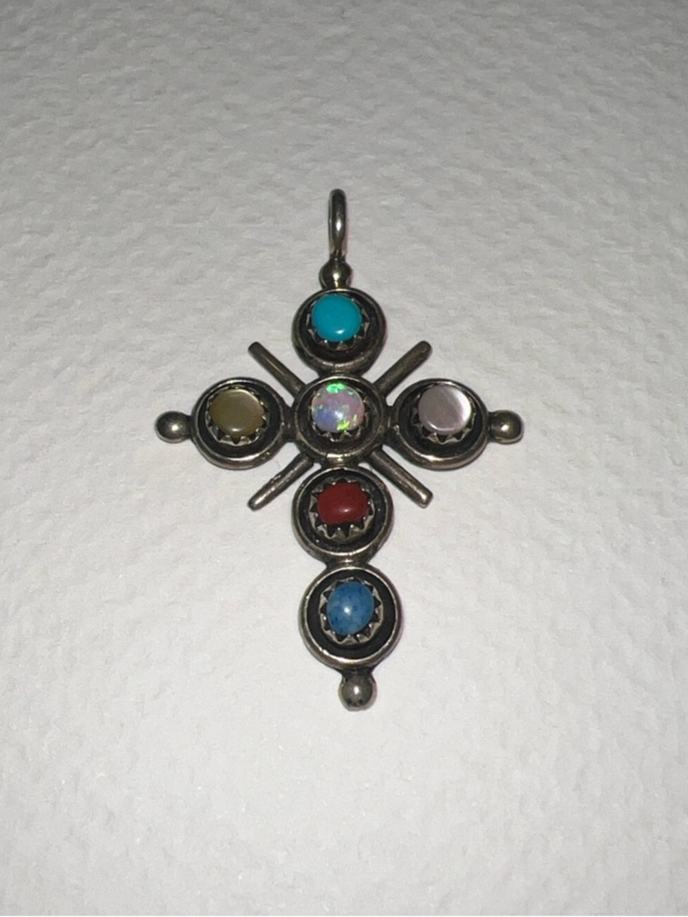 Sterling Silver Multi-Stone Cross Pendant - Turquoise, Red, Blue, Opal Accent - Picture 2 of 7